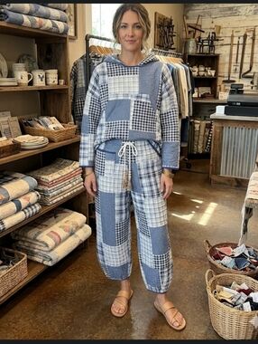 Upcycled Blue Quilt Hoodie & Barrel Pants Set L-2X Handmade Dont Throw It Out